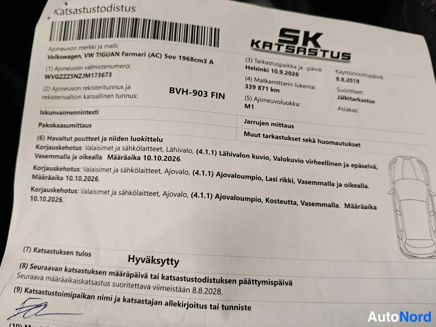 Muu: Katsastustodistus, jossa rekisteritunnus FIN, lukema 339 871 km ja tuloksena Hyväksytty.