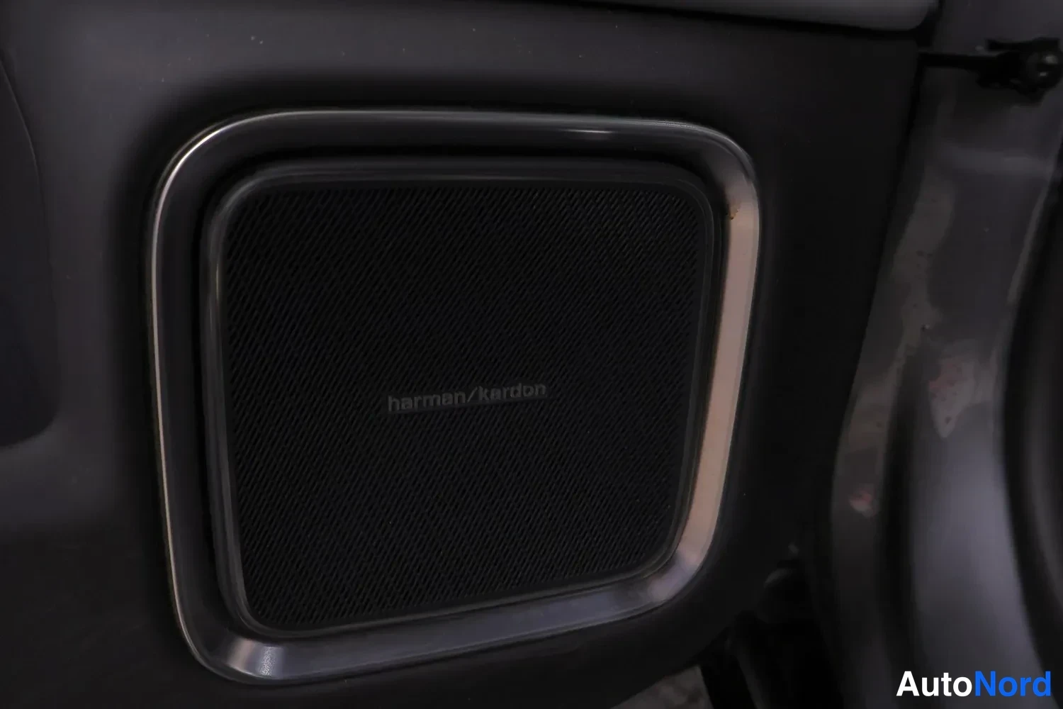 Muu: Oven sisäpaneelin kaiutin, jonka pinnassa lukee harman/kardon, tummassa kotelossa hopeakehyksellä.