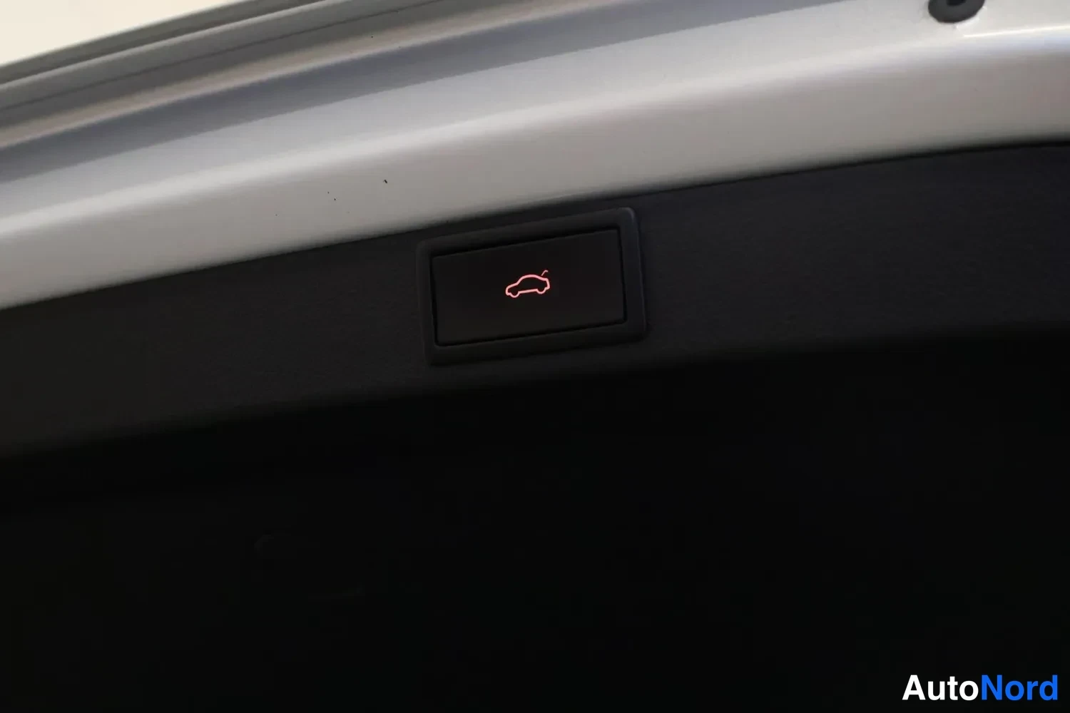 Yksityiskohta: Sähköisesti avattavan takaoven/polttoainesuukun kytkin takaovessa, punainen auto-symboli.