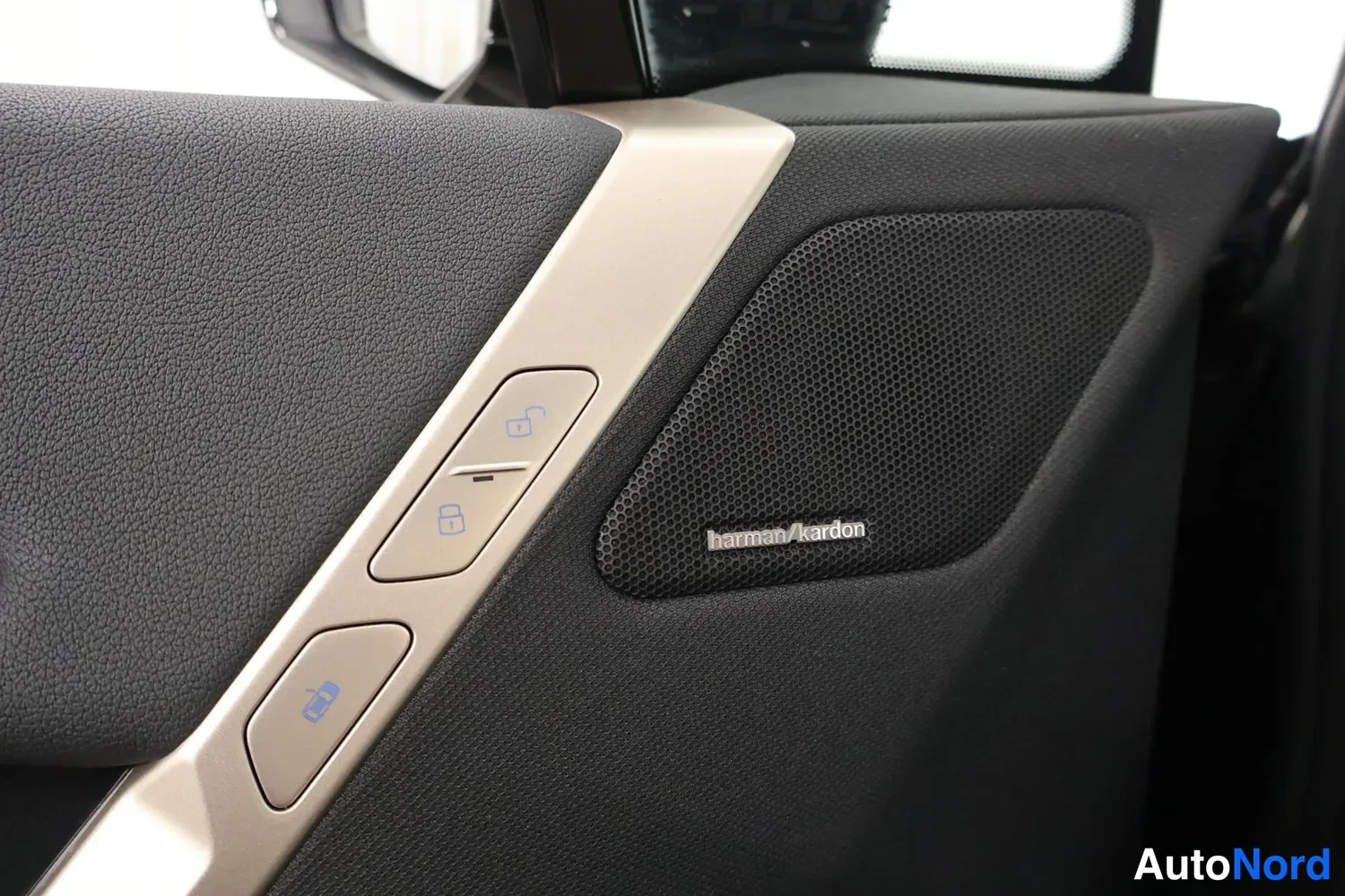 Etuviisto: Oven sisäpaneelin kaiutin, jossa merkintä harman/kardon, ja lukituskytkimet.