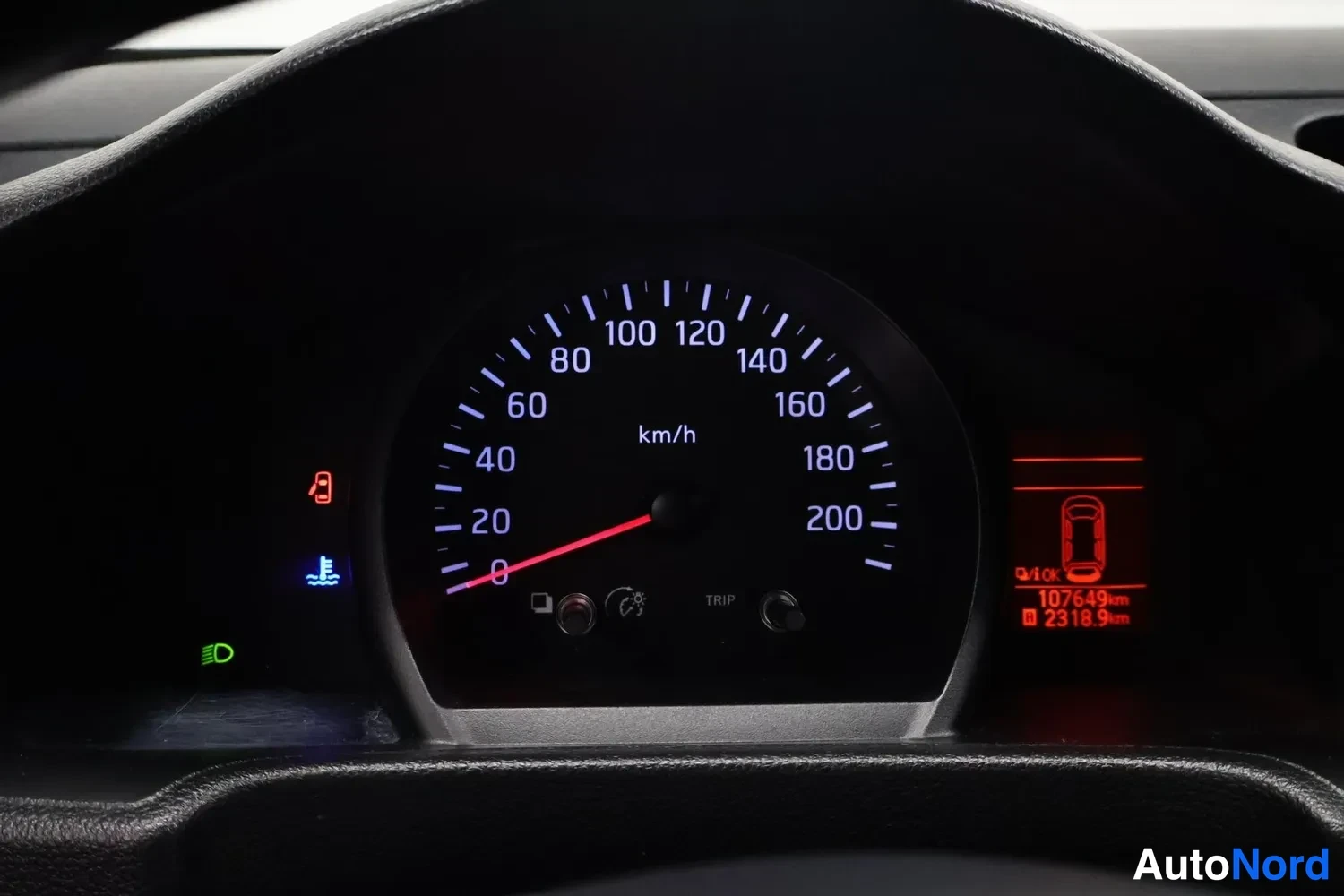 Muu: Mittariston nopeusmittari, asteikko 0–200 km/h, näytössä lukemat 107649 km ja 2318.9 km.