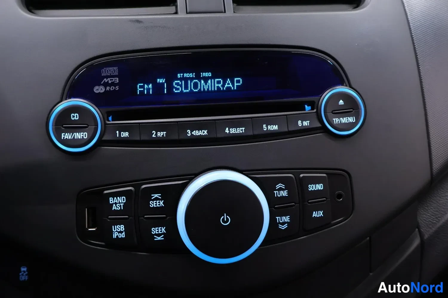 Muu: Radiopaneelin lähikuva, näytöllä 'FM 1 SUOMIRAP', painikkeet USB/iPod ja AUX näkyvissä.