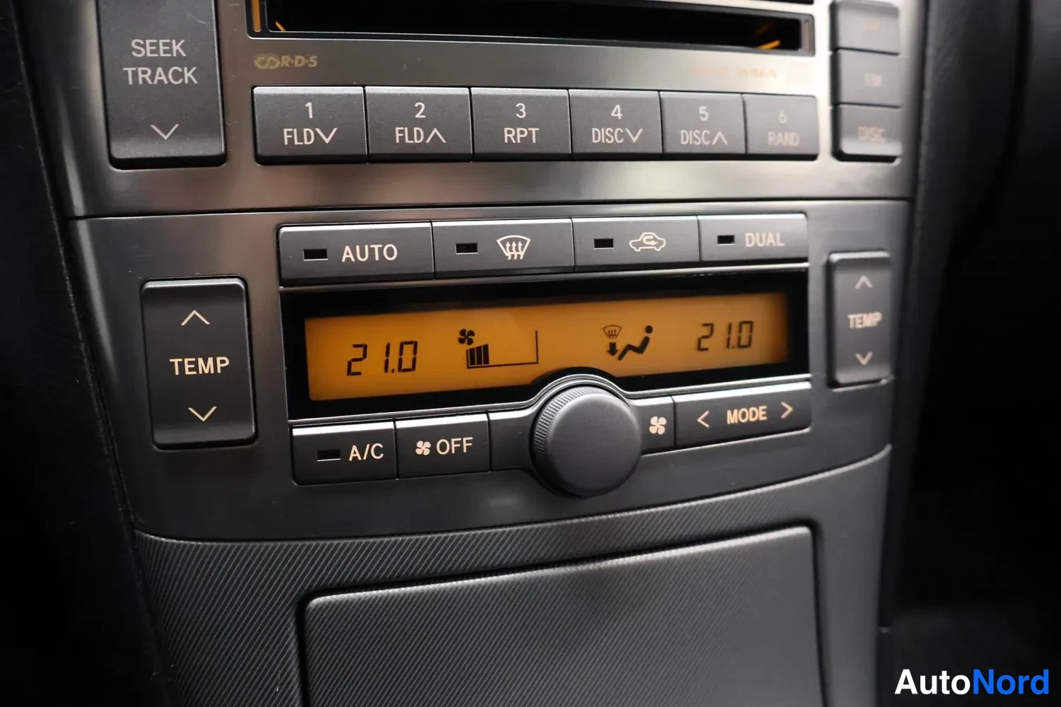 Yksityiskohta: Auton ilmastoinnin ohjainpanaali lähikuva; näytössä molemmilla puolilla lämpötila 21.0, painikkeet AUTO, A/C, OFF ja DUAL.