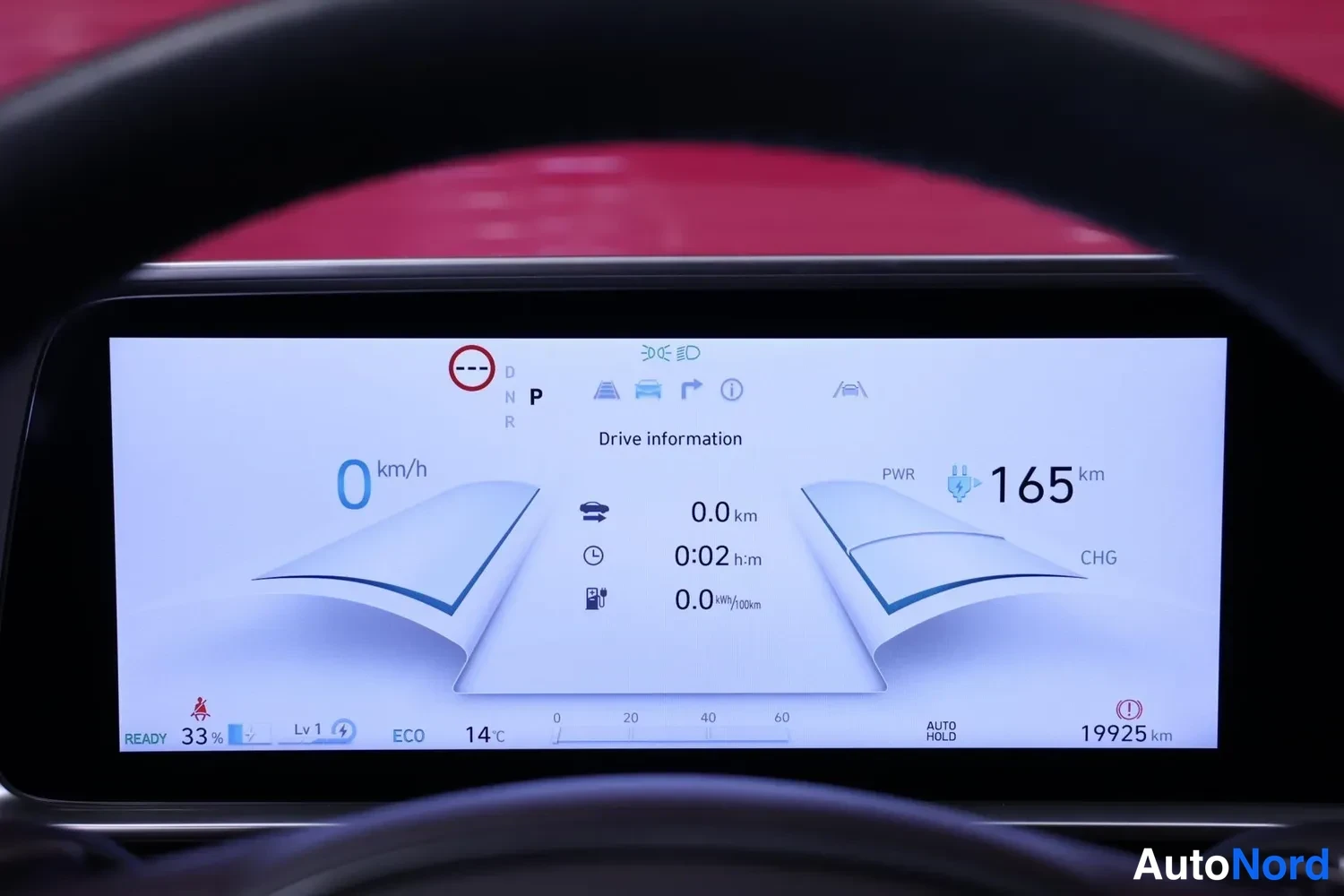 Yksityiskohta: A close-up of the vehicle's digital instrument cluster. It shows a battery charge level of 33%, an ambient temperature of 14°C, and a remaining driving range of