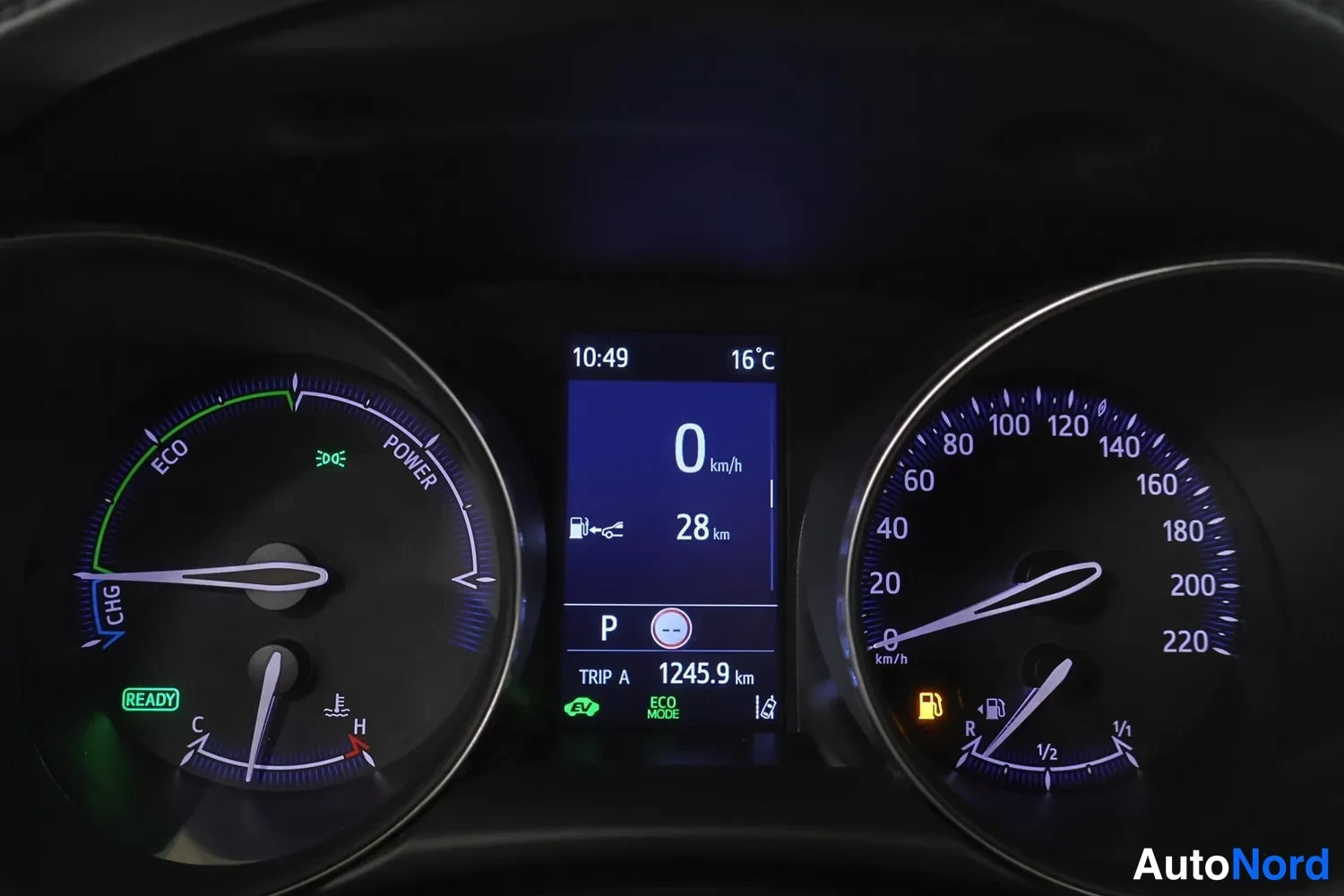 Yksityiskohta: Kojelaudan mittaristot: vasemmassa POWER/ECO-mittari ja READY-merkki, oikeassa nopeusmittari 0–220 km/h ja polttoaineneedle, keskitössä näyttö 1245,9 km matkall