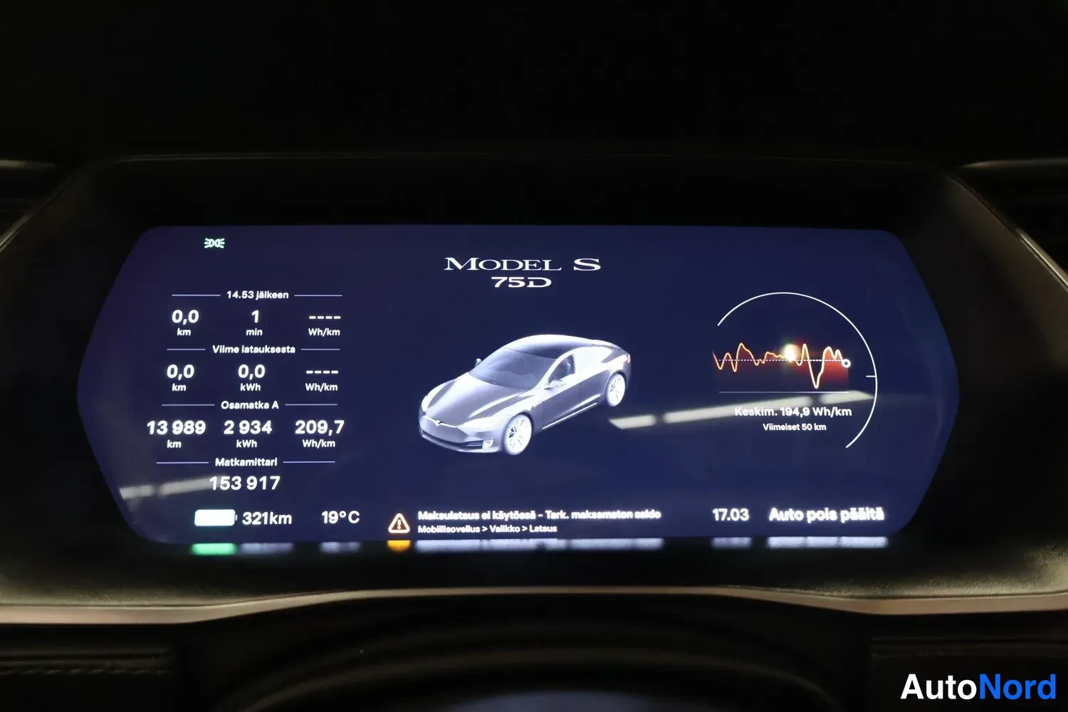 Muu: Tesla Model S 75D:n mittarinäyttö näkyy kellonaikana 17.03.