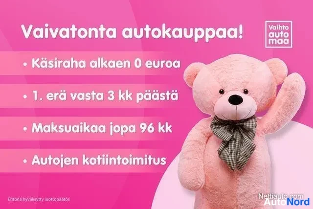 Etuviisto, nokka vasemmalle: Markkinointigrafiikka vaaleanpunaisella taustalla: teksti 'Vaivatonta autokauppaa!', luetelmaluettelo rahoituseduista ja pehmolelu