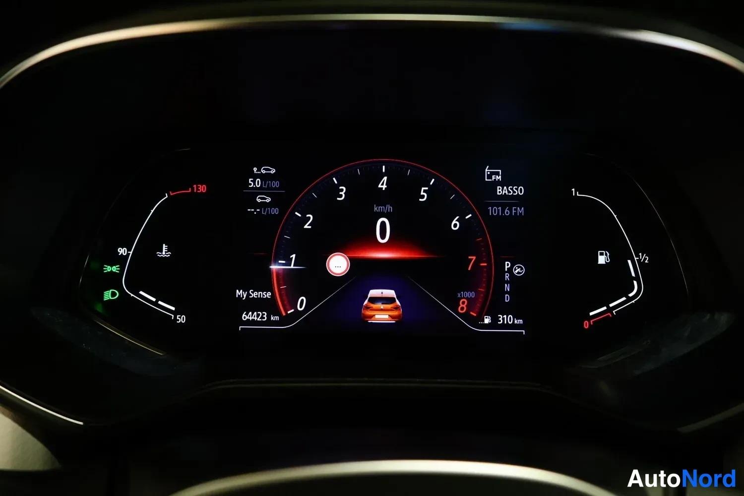 Muu: Instrument cluster display shows odometer reading 64423 km; digital tachometer at center; fuel gauge right; icons for lights active left.