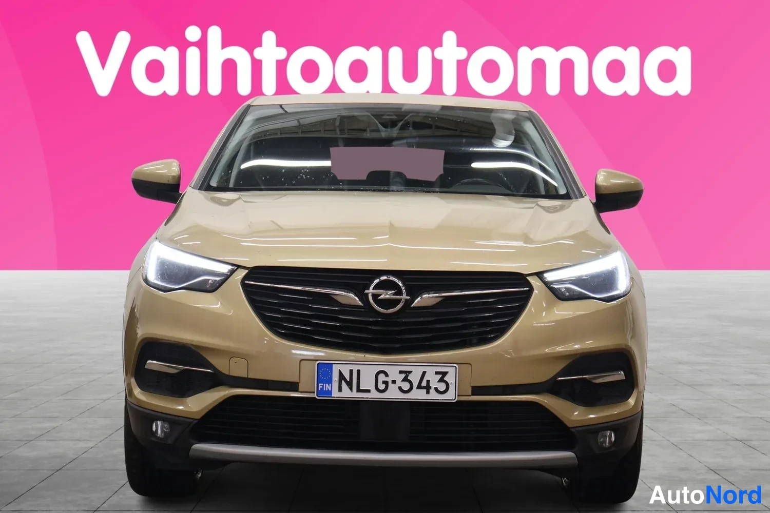 Edestä: Kultaanvärinen henkilöauto suoraan edestä, Opel-merkki grillessä, rekisterikilpi.