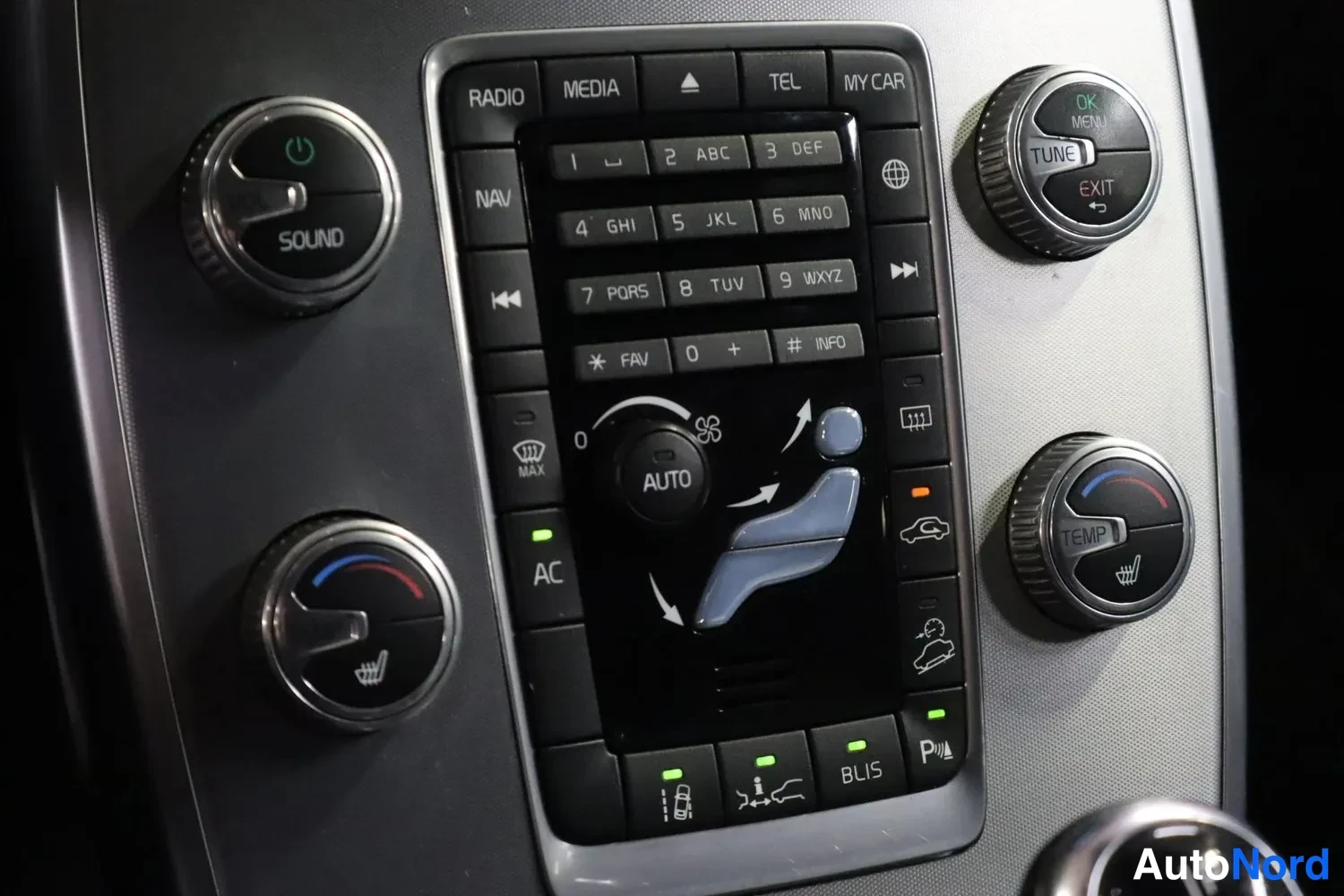 Muu: Volvo V70/XC70-tyylisen auton keskitason monitoiminäyttö ja painikkeet, RADIO-, MEDIA-, TEL- ja MY CAR-toiminnot sekä SOUND- ja TEMP-säätörullat.