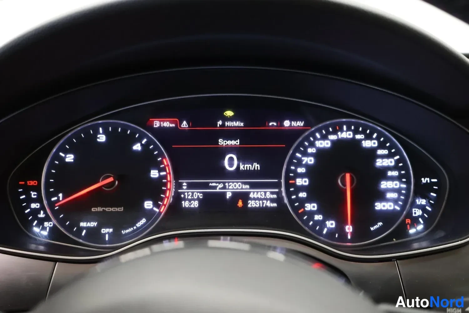 Muu: Sisäkuva: digitaalinen mittaristo, nopeus 0 km/h, kokonaiskilometrit 253174, teksti allroad.