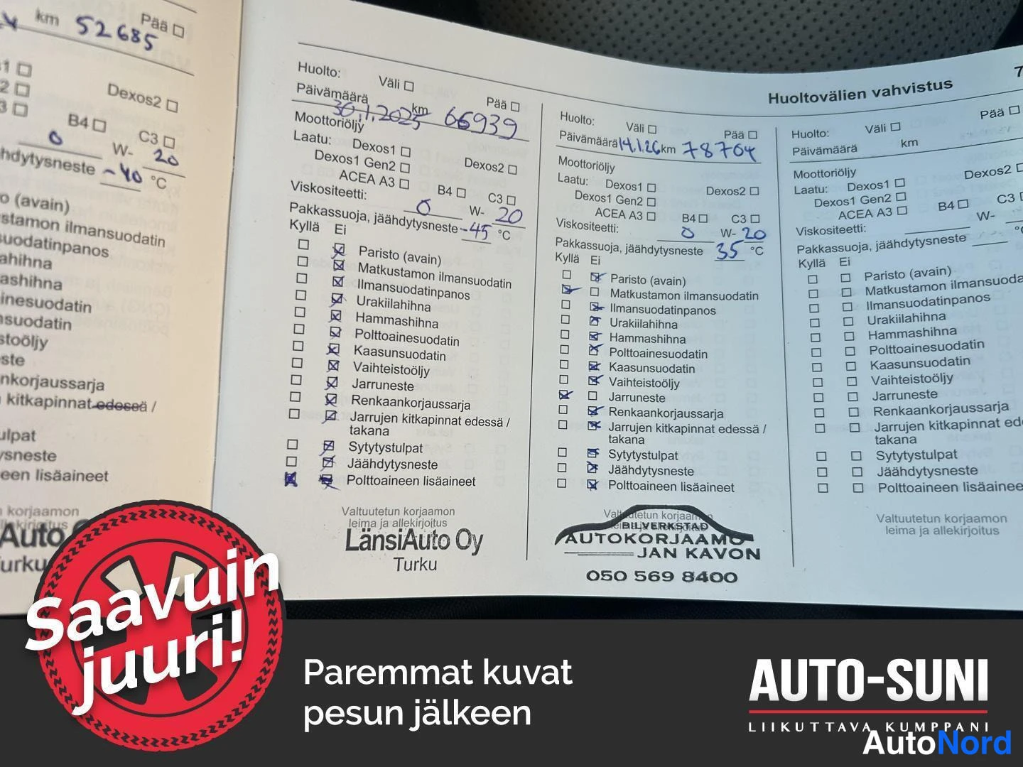 Muu: Huoltokirjan sivu 'Huoltovälien vahvistus' kolmella sarakkeella. Käsin kirjoitettuja kilometrejä: 52685, 66939 (23.11.23), 78704 (14.12) ja 35 °C pakkassuojamer