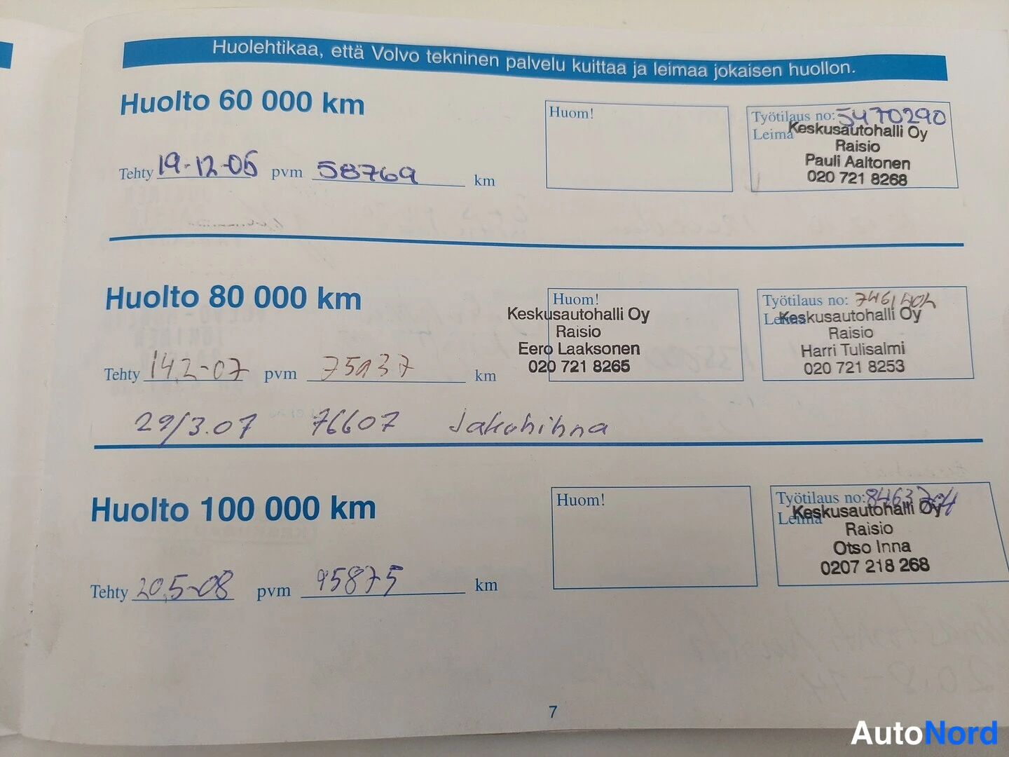 Asiakirja: Sivu huoltokirjasta, jossa mainitaan mallit S40, V40, S60, C70, V70, S80, XC90. Huolloille on merkitty kilometrilukemat 58769 km, 75037 km ja 95875 km.