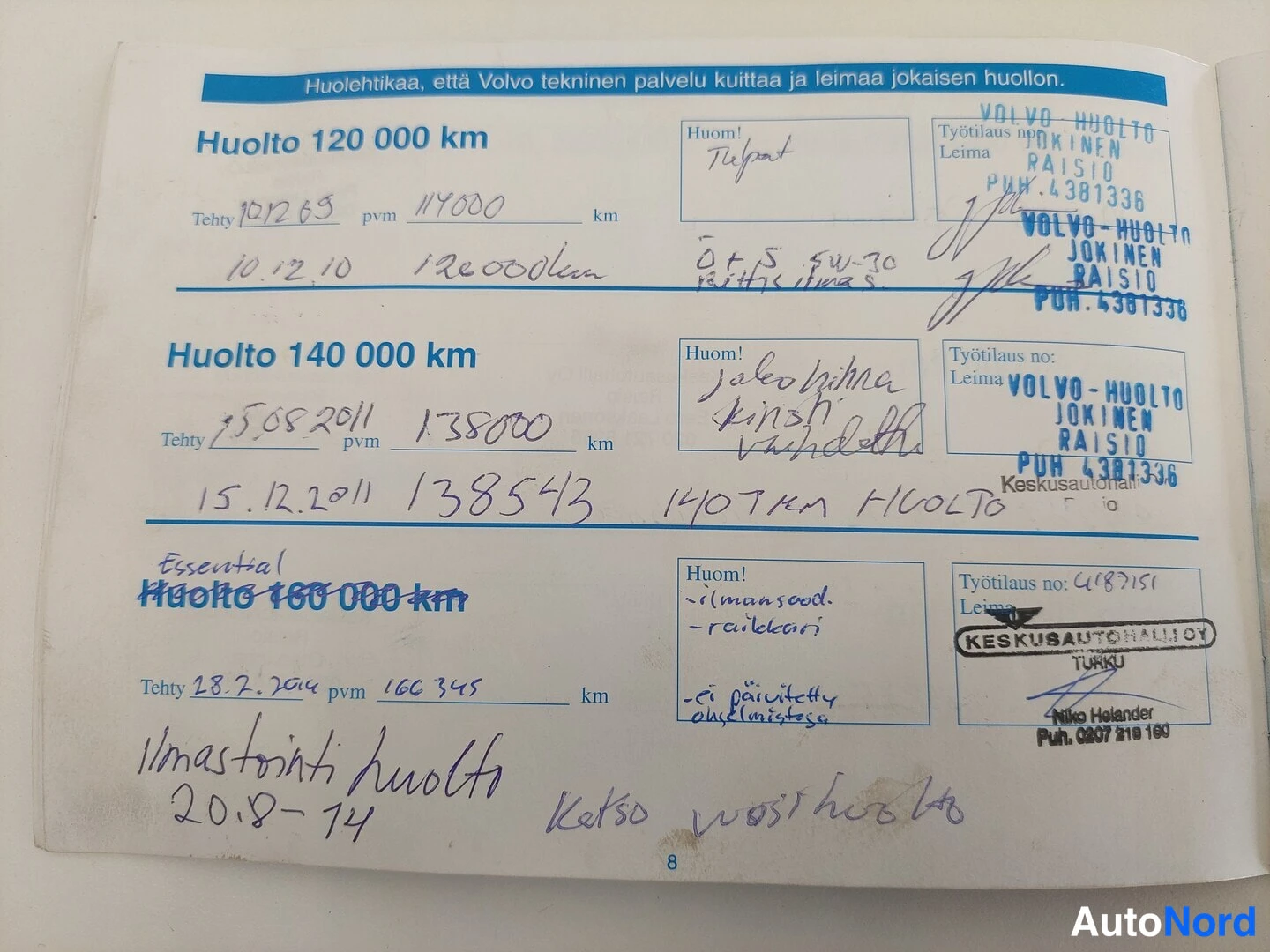 Asiakirja: Sivu huoltokirjasta, jossa mainitaan mallit S40, V40, S60, C70, V70, S80, XC90. Huolloille on merkitty kilometrilukemat 114000 km, 138543 km ja 166345 km. Ilmas