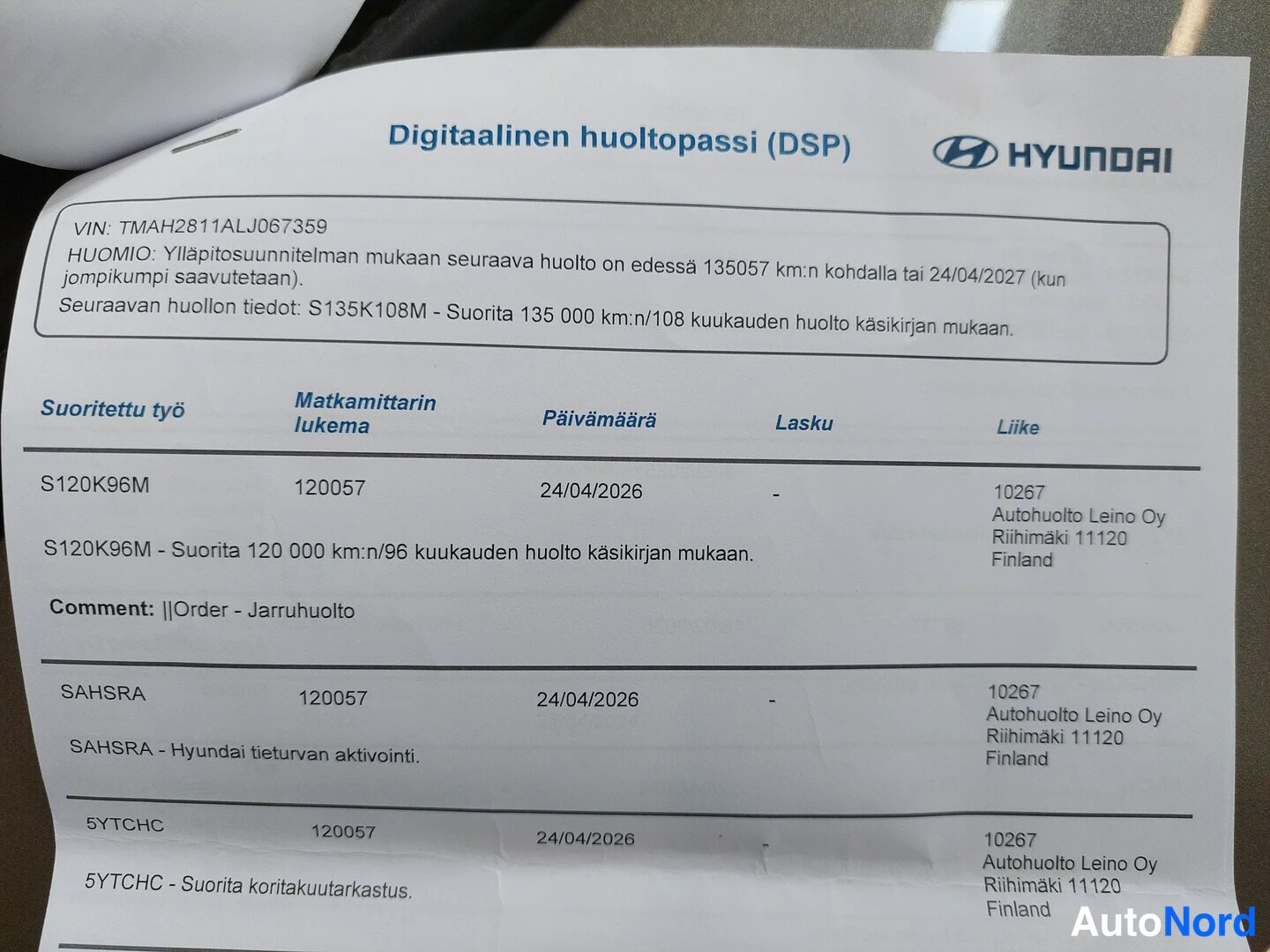 Asiakirja: Hyundain digitaalisen huoltokirjan (DSP) tuloste, jossa näkyy VIN, seuraavan huollon tiedot ja huoltotapahtumat.