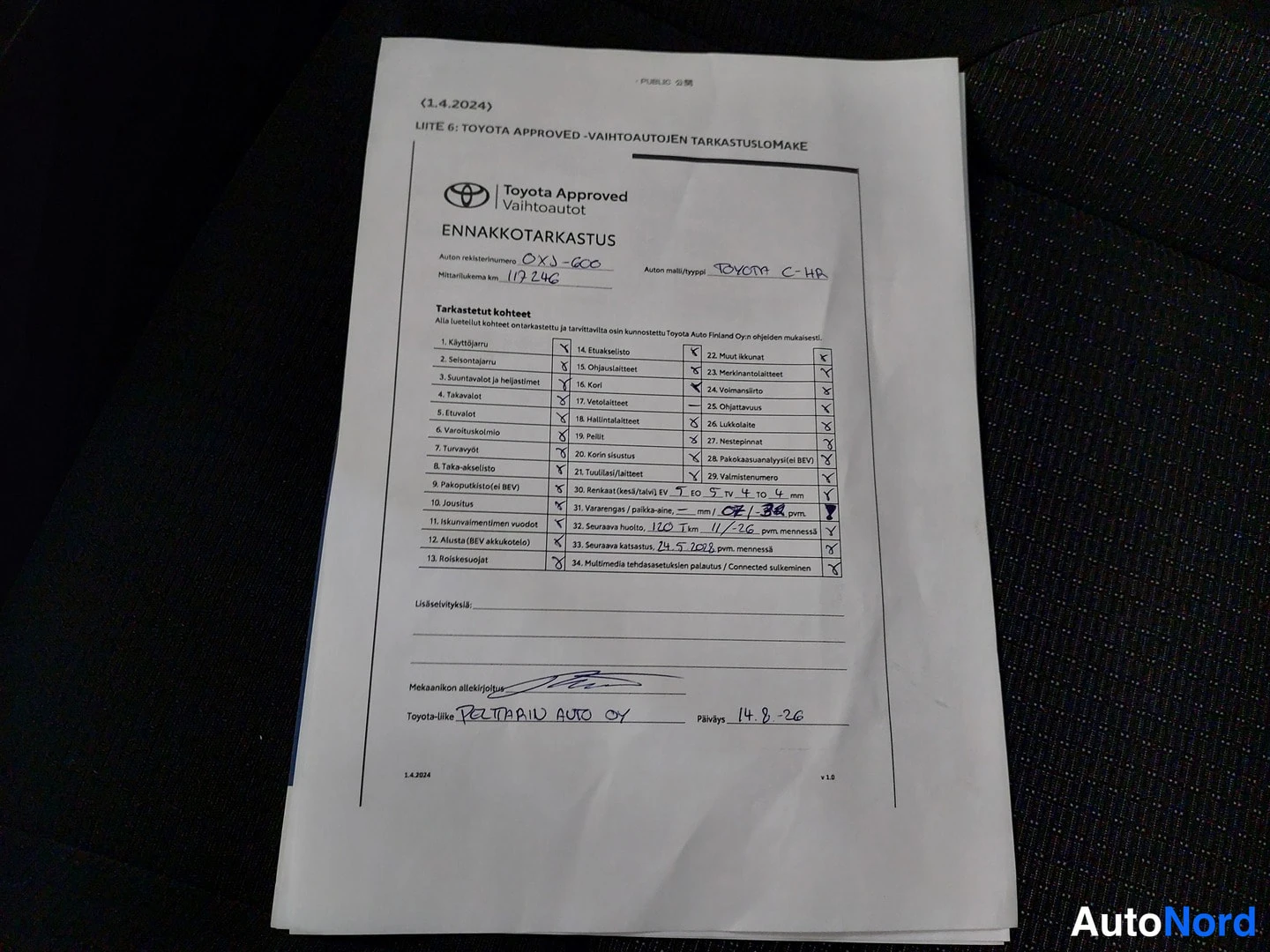 Muu: Toyota Approved -vahtautojen tarkastuslomake, Ennakkotarkastus, merkeillä Toyota C-HR.