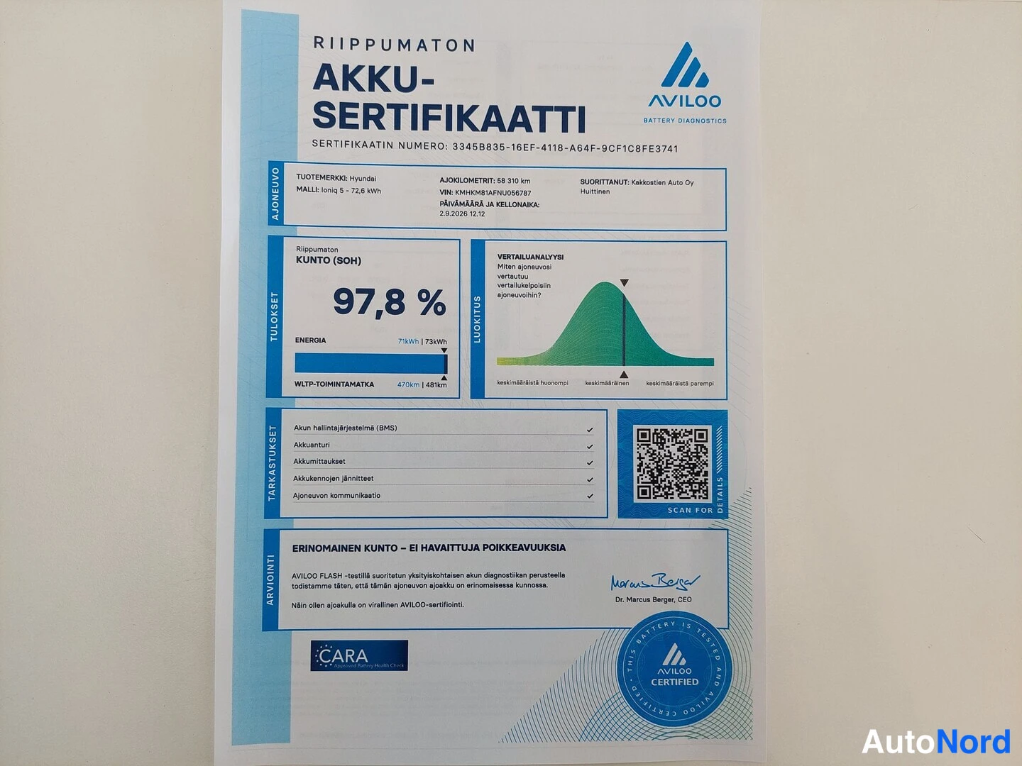 Asiakirja: AVILOO-akkusertifi kaatti, kunto 97,8 %, Hyundai Ioniq 5, 72,6 kWh