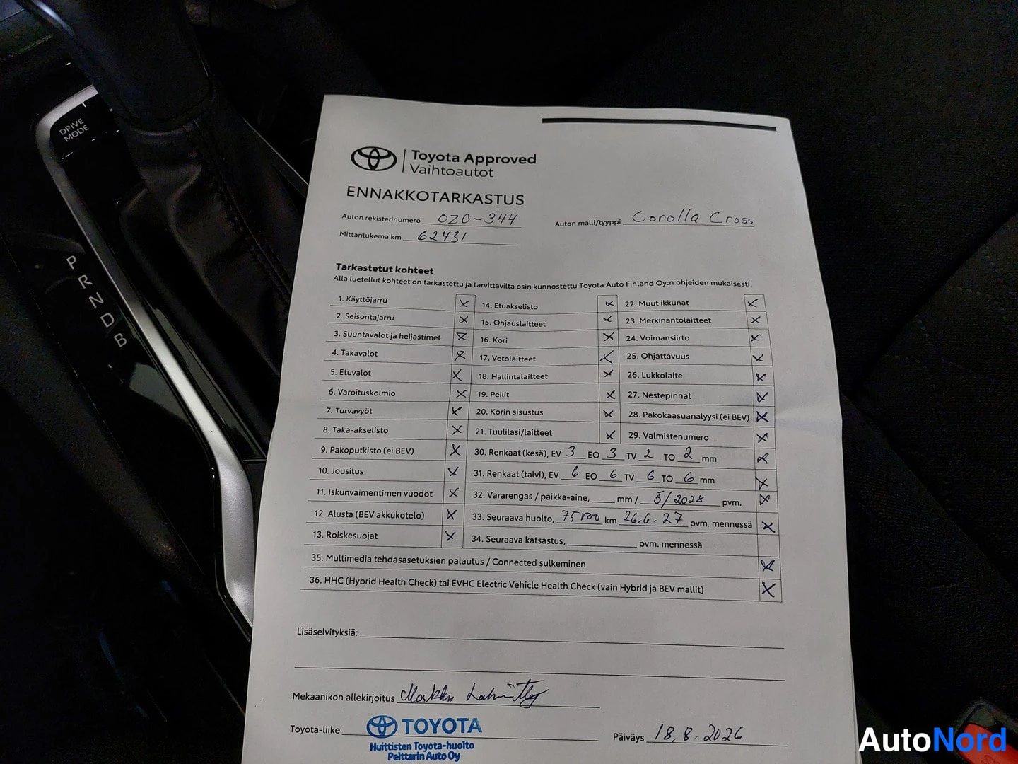 Muu: Toyota Approved ennakkotarkastusraportti Corolla Cross -autolle, mittarilukema 62 431 km, päiväys 18.8.2026.