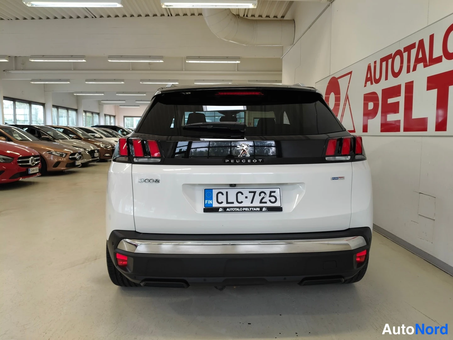 Takaa: Auton takaosa suoraan takaa: valkoinen Peugeot 3008, musta takaluukun yläosa, punaiset takavalot ja rekisteritunnus.