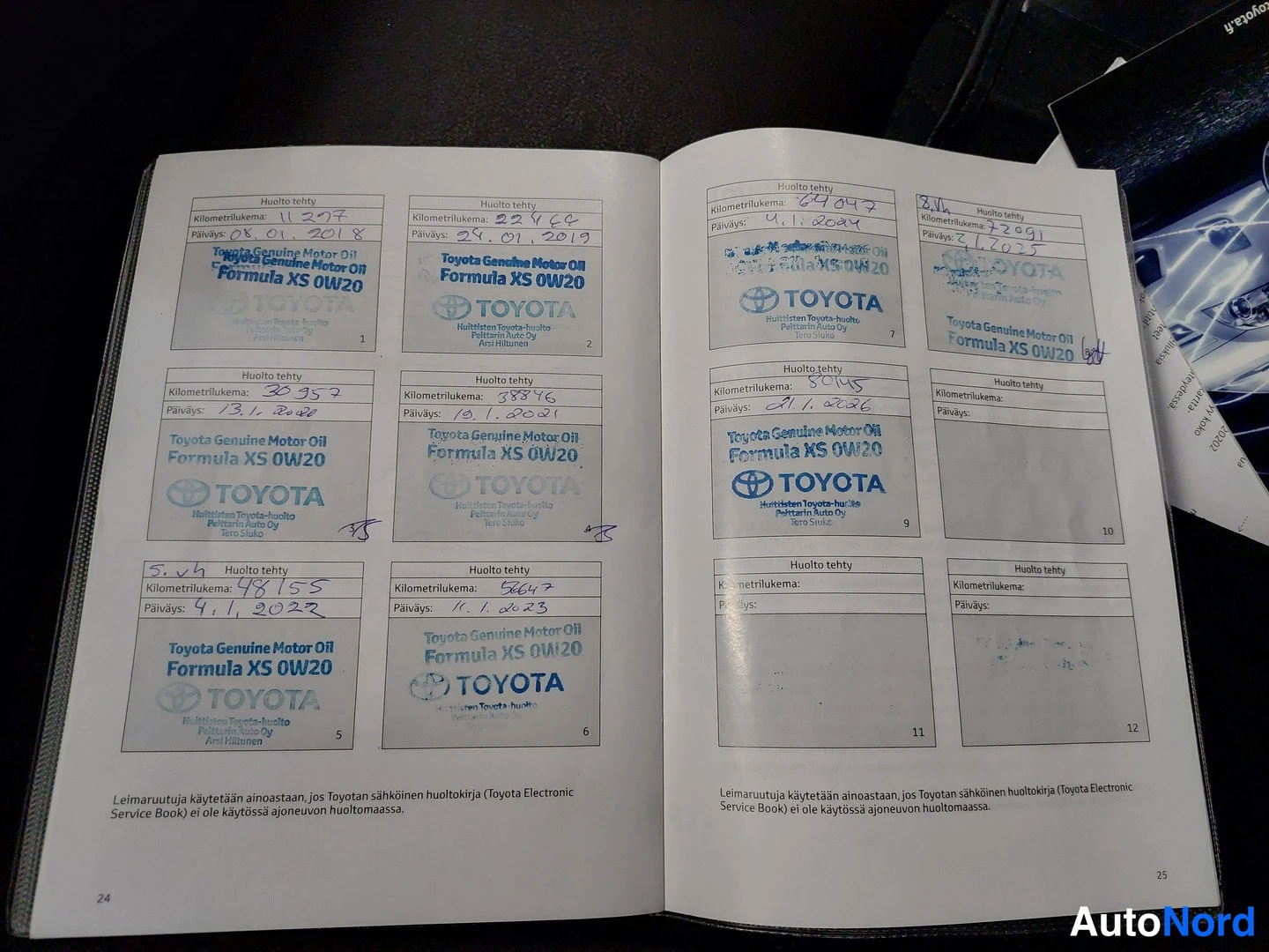 Muu: Avoin Toyota-huoltokirja, jossa leimasimia määräajoin tehdyistä öljynvaihdoista (Toyota Genuine Motor Oil Formula XS 0W20) vuosina 2018–2023 ja mittarilukemia 1
