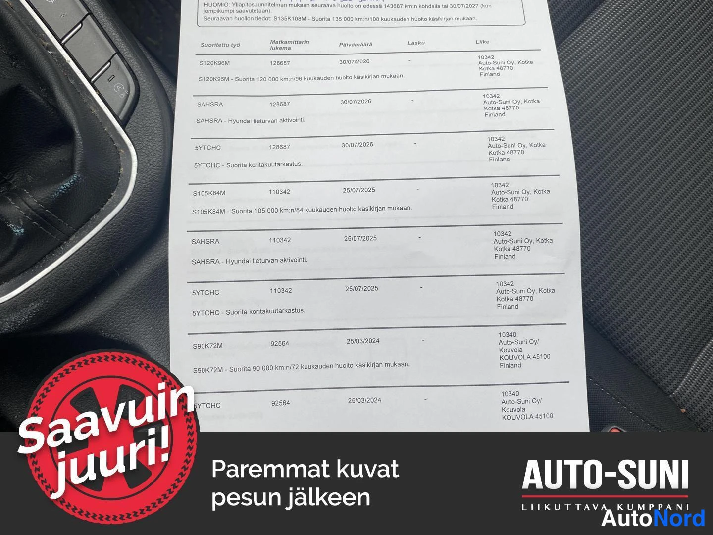 Asiakirja: Huoltokirjan sivu huoltolokimerkinnöillä, viimeisin huolto 126867 km 30/07/2026