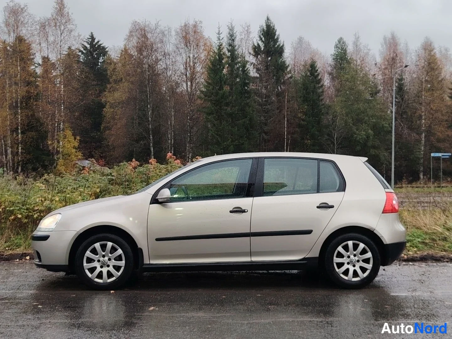 Sivulta: Beige Volkswagen Golf viistoperä sivulta vasemmalta, takavalo näkyy oikeassa reunassa, taustalla syksyiset puut ja märkä tie.