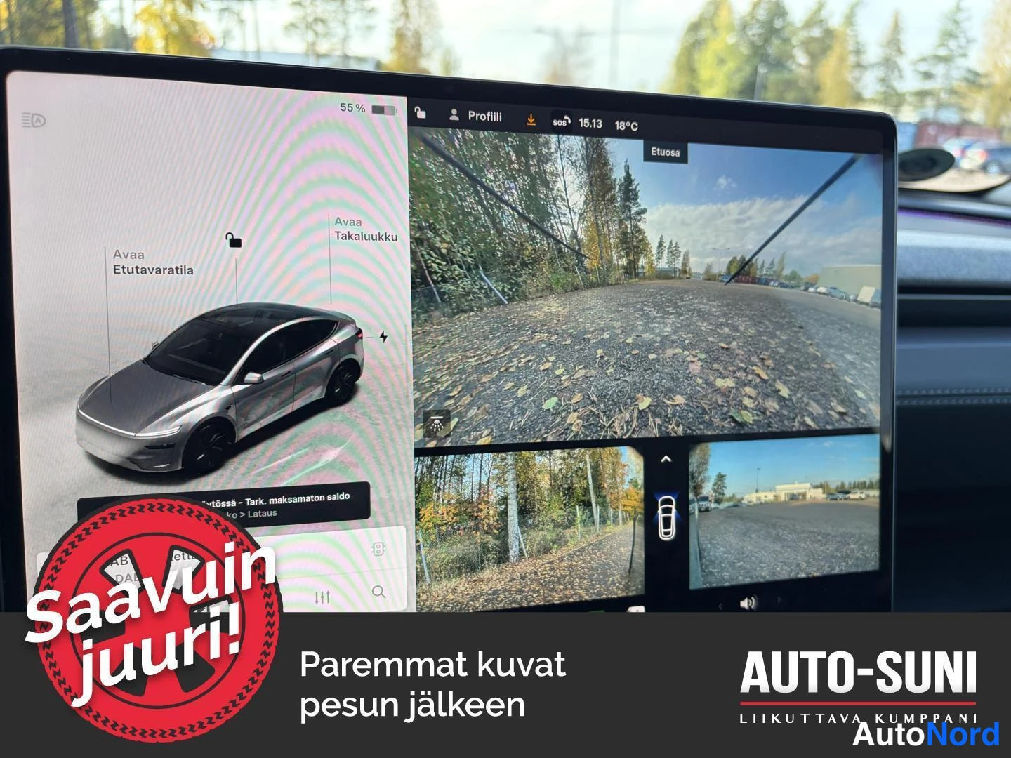 Muu: Auton infotainment-näyttö, jossa ajoneuvon etunäkymä-kamerasignaalina (Etuosa) ympäristöstä sekä pienoiskuva autosta ja etuvarastotilan ohjaus.