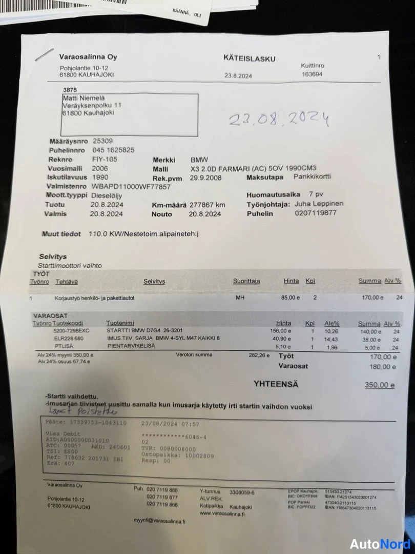 Muu: Kassakuitti autokorjaamo Varasalinnasta BMW X3:n starterin vaihdosta, päivätty 23.8.2024.