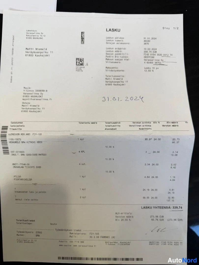 Muu: Lasku vuodelta 2024, laskunumero 99050, kaupan kohteena BMW 530 XD, laskun summa 339,74 euroa.