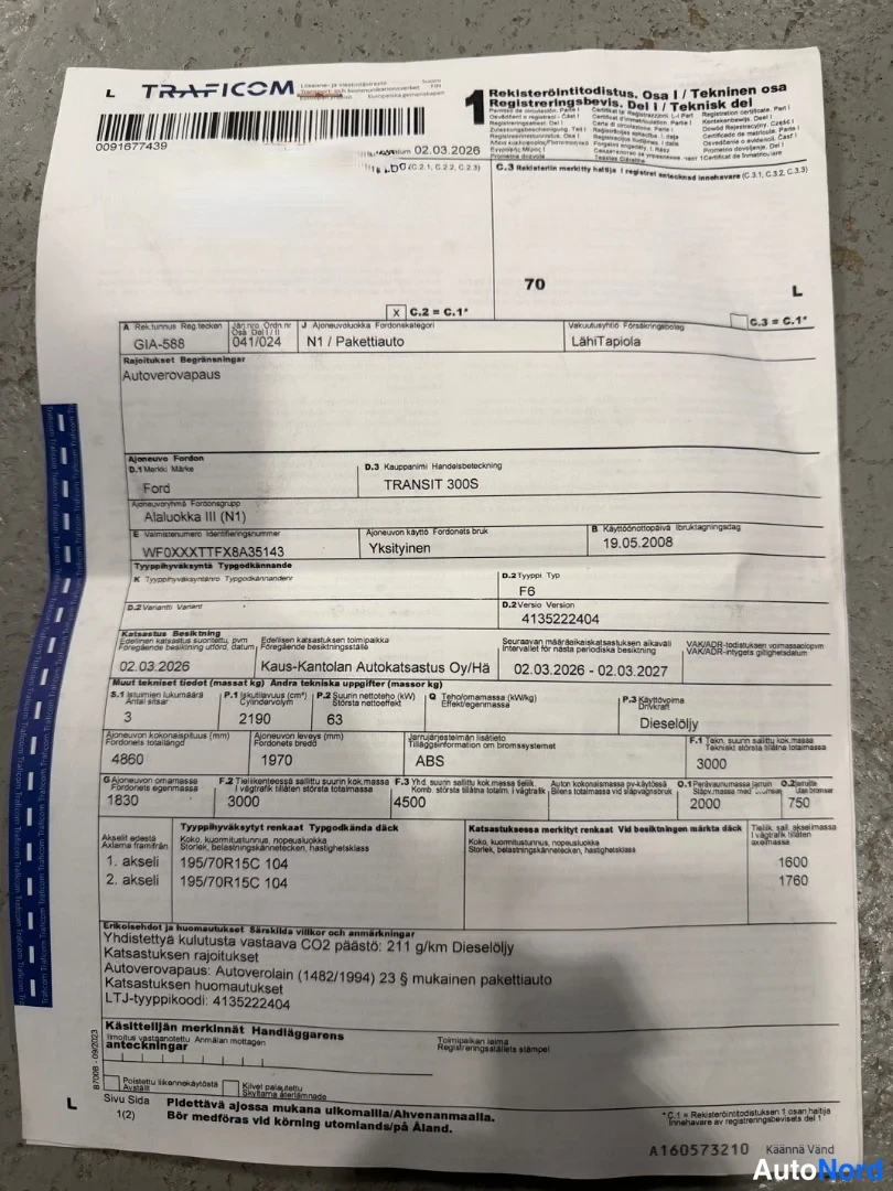 Asiakirja: Rekisteriote osa I Tekninen osa, TRAFICOM, Ford Transit 300S pakettiauto