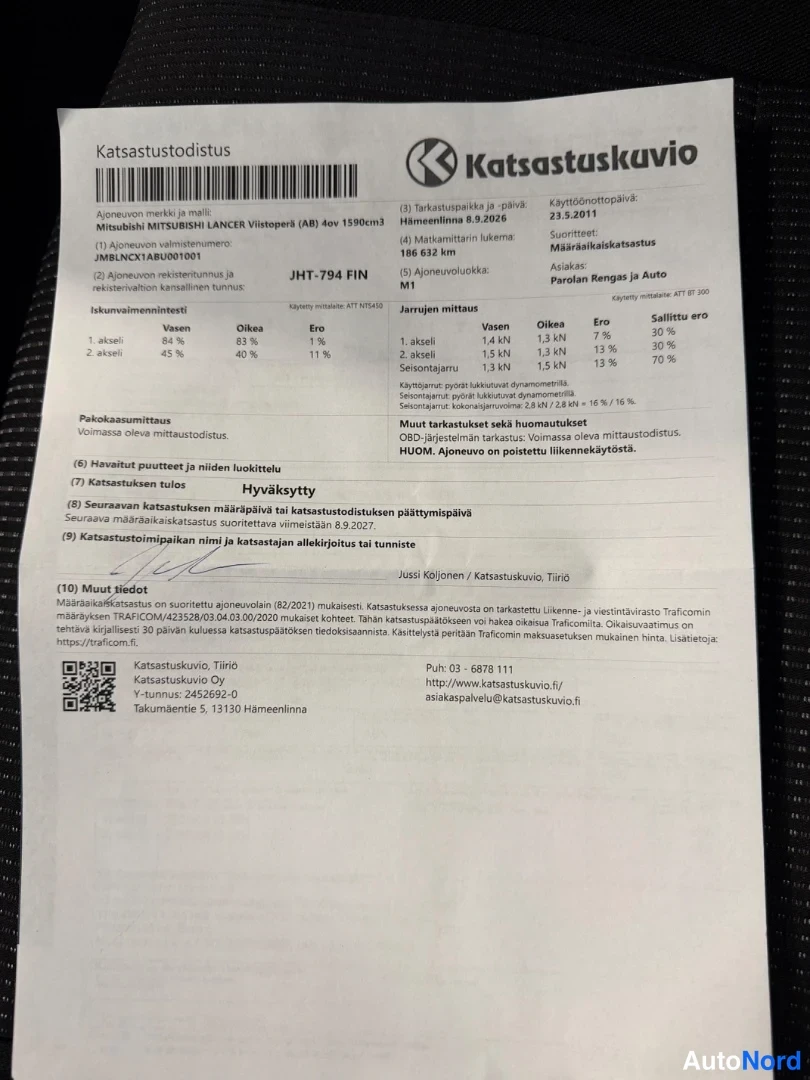 Muu: Katsastustodistus, ajoneuvo Mitsubishi Lancer Viistoperä (AB) 4ov 1580cm3, hyväksytty katsastuksessa 23.9.2025 Hämeenlinnassa.