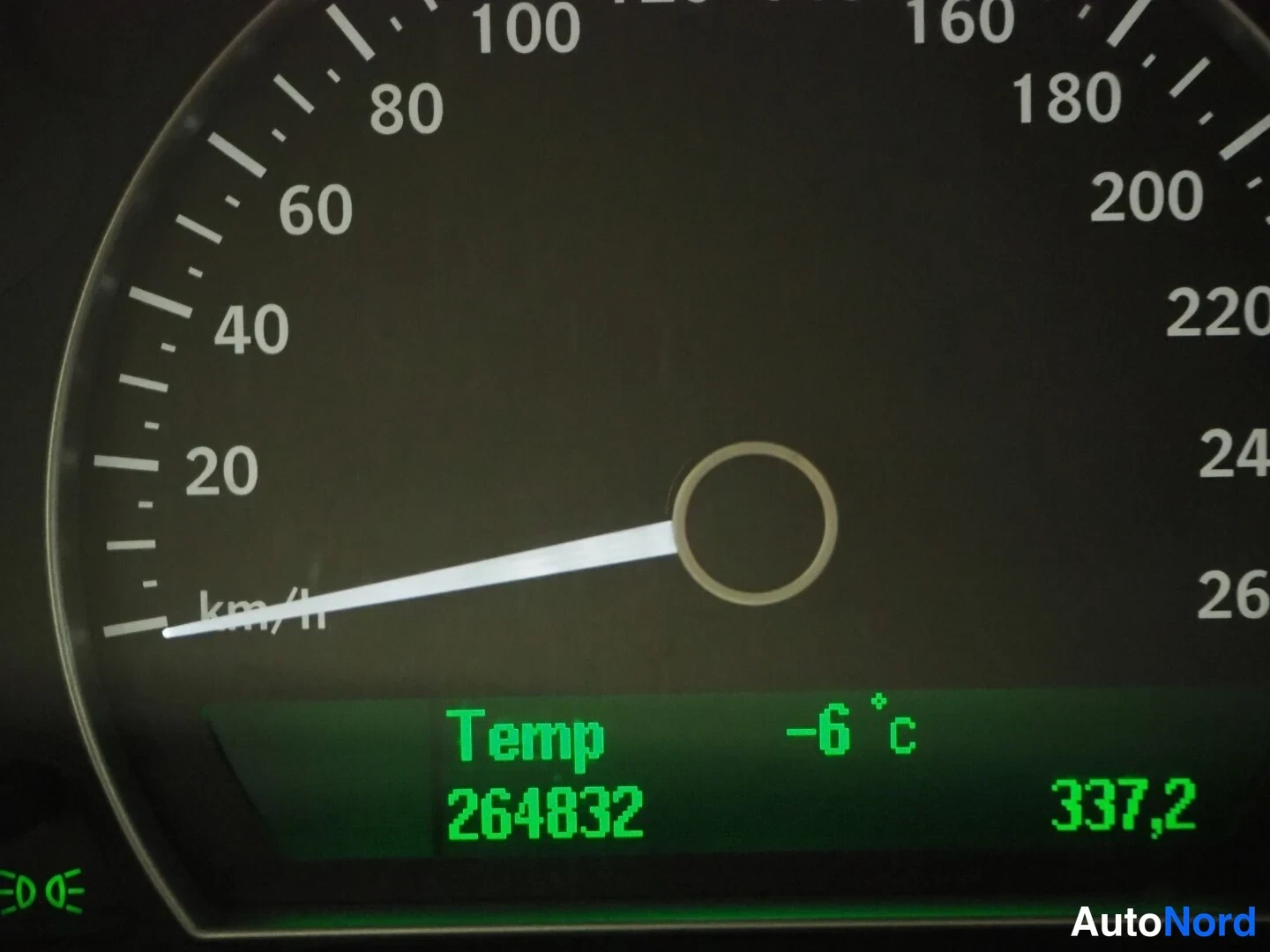 Yksityiskohta: Nopeusmittarin neula lähellä nollaa, näytössä Temp -6 c, 264832 ja 337,2.