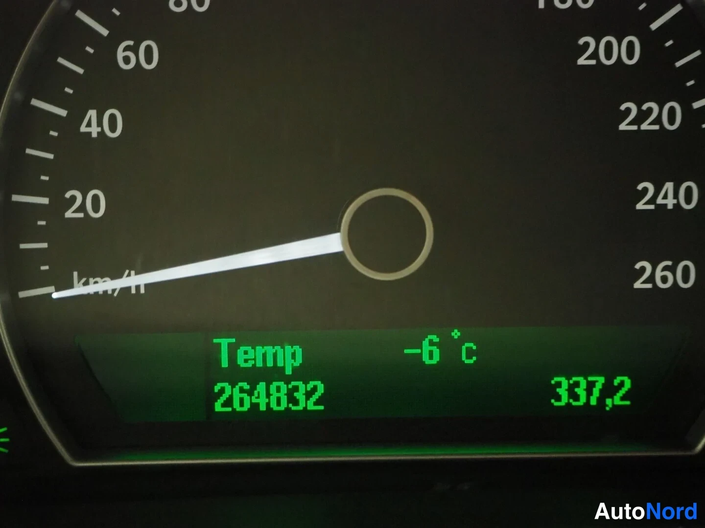 Yksityiskohta: Nopeusmittarin neula lähellä nollaa, ruudulla Temp -6 c, 264832 ja 337,2.