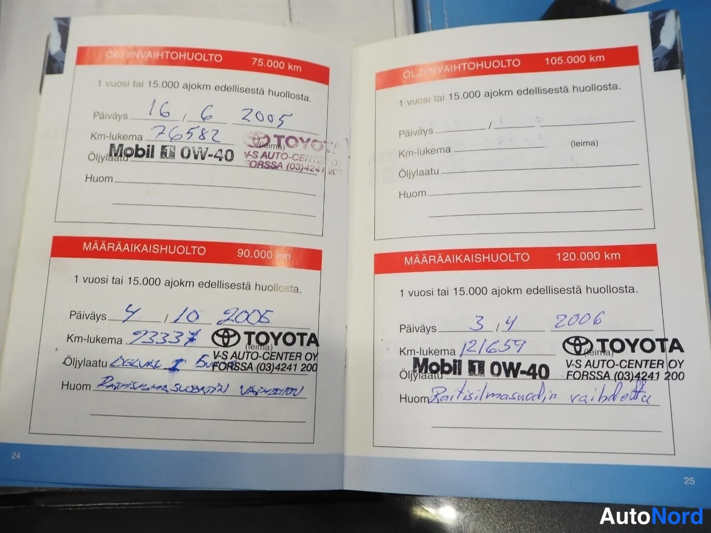 Asiakirja: A page from a Toyota service book with two maintenance records shown. Handwritten details include service date '16, 6 2005' at 76582 km and '4 / 10 2005' at 933