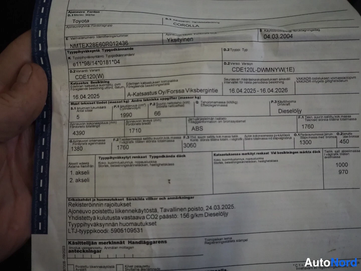 Muu: Ajomerkintöjen rekisteriote Toyotasta, ajoneuvo Toyota Corolla, VIN NMT EX28E6 OR012436.
