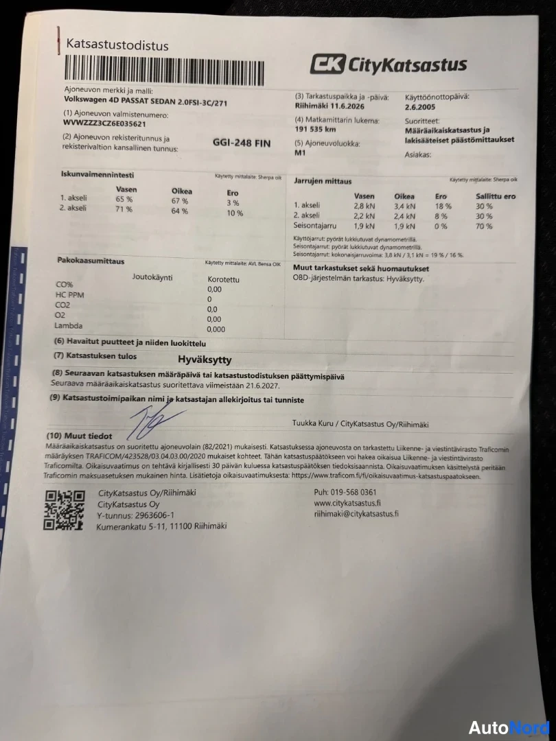 Asiakirja: Scan-kokoinen tarkastustodistus (Katsastustodistus) Citykatsastus Oy/Riihimäki. Yläosassa viivakoodi, otsikko ja tiedot: 'Ajoneuvon merkki ja malli: Volkswagen