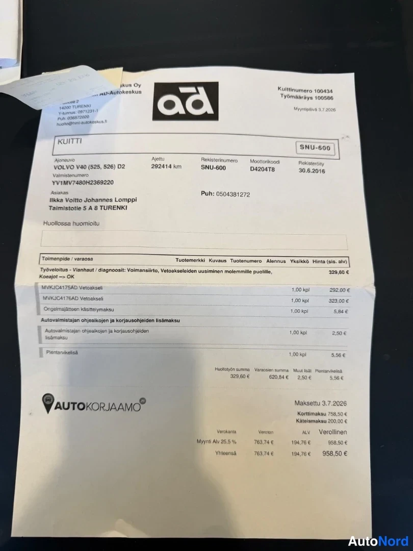 Muu: Kuitti korjatusta Vaihteistopakasta, tyyppikoodi D4204T3, ajettu 29214 km, hinta 558,50 €