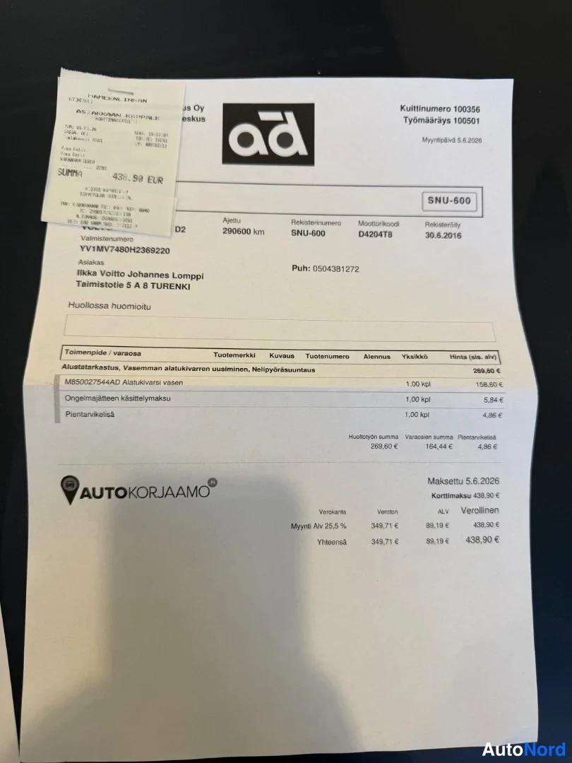Asiakirja: Valokuva A-D Autohuolto Oy:n huoltotositteesta, jossa näkyy asiakas Oy Viitas Ab ja korjauslaskennan tiedot.