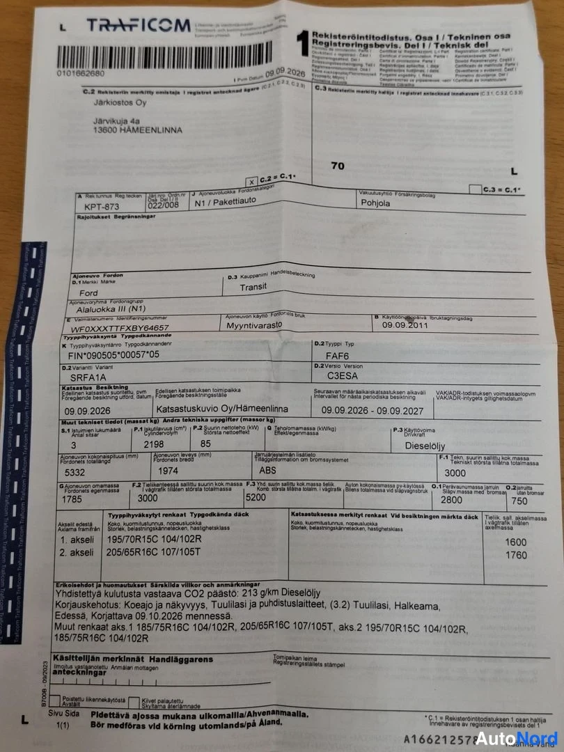Muu: TrafiComin rekisteriote: Ford Transit 2.2TDCI, ensirekisteröity 09.09.2011, N1 Pakettiauto, vuosimallia 2011.