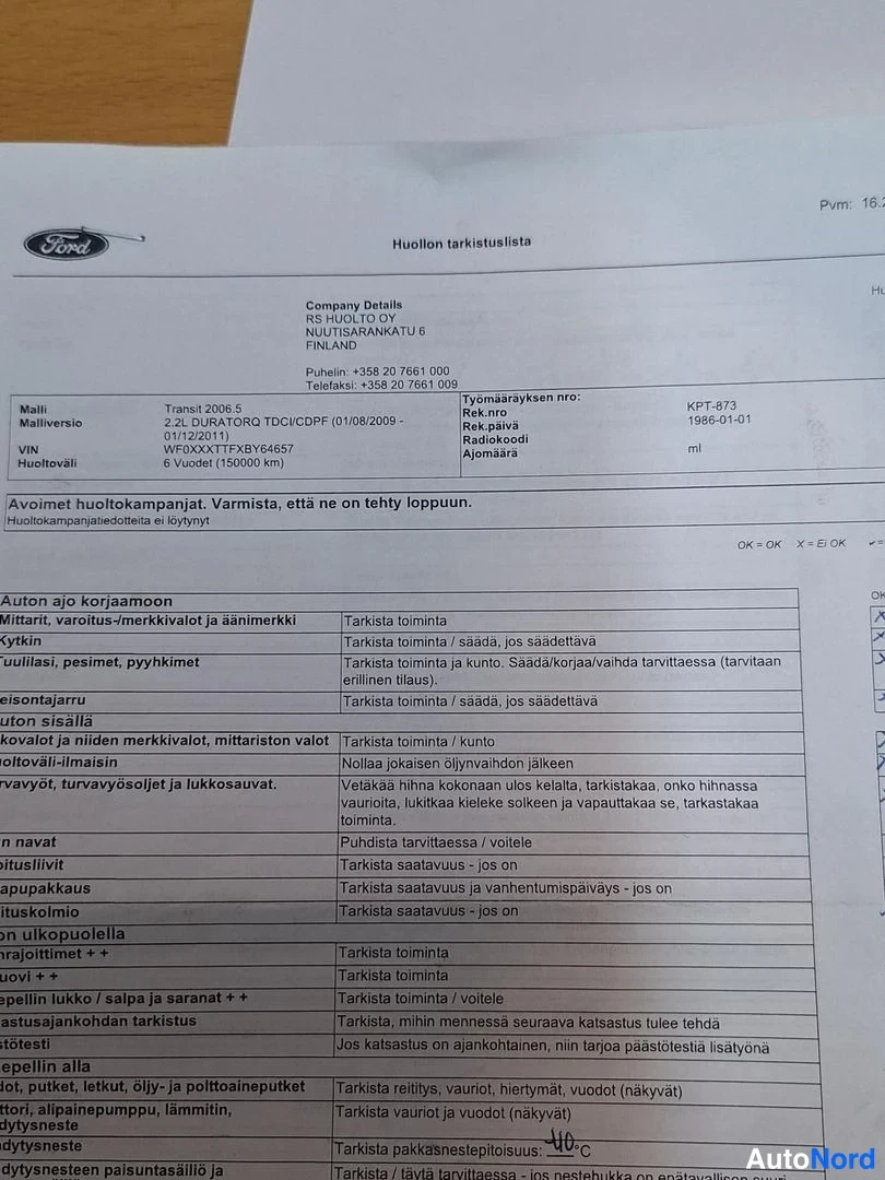 Muu: Ford-huollon tarkistuslista, jossa malli Transit 2009 S, 2.2L DURATORQ TDCiDOHC -moottori, VIN ja RS Huolto Oy:n yhteystiedot, ylhäällä osittain leikattu päiväm