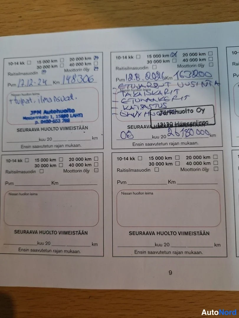 Asiakirja: Huoltokirjan sivu 9 täytettyine huoltomerkintöineen.
