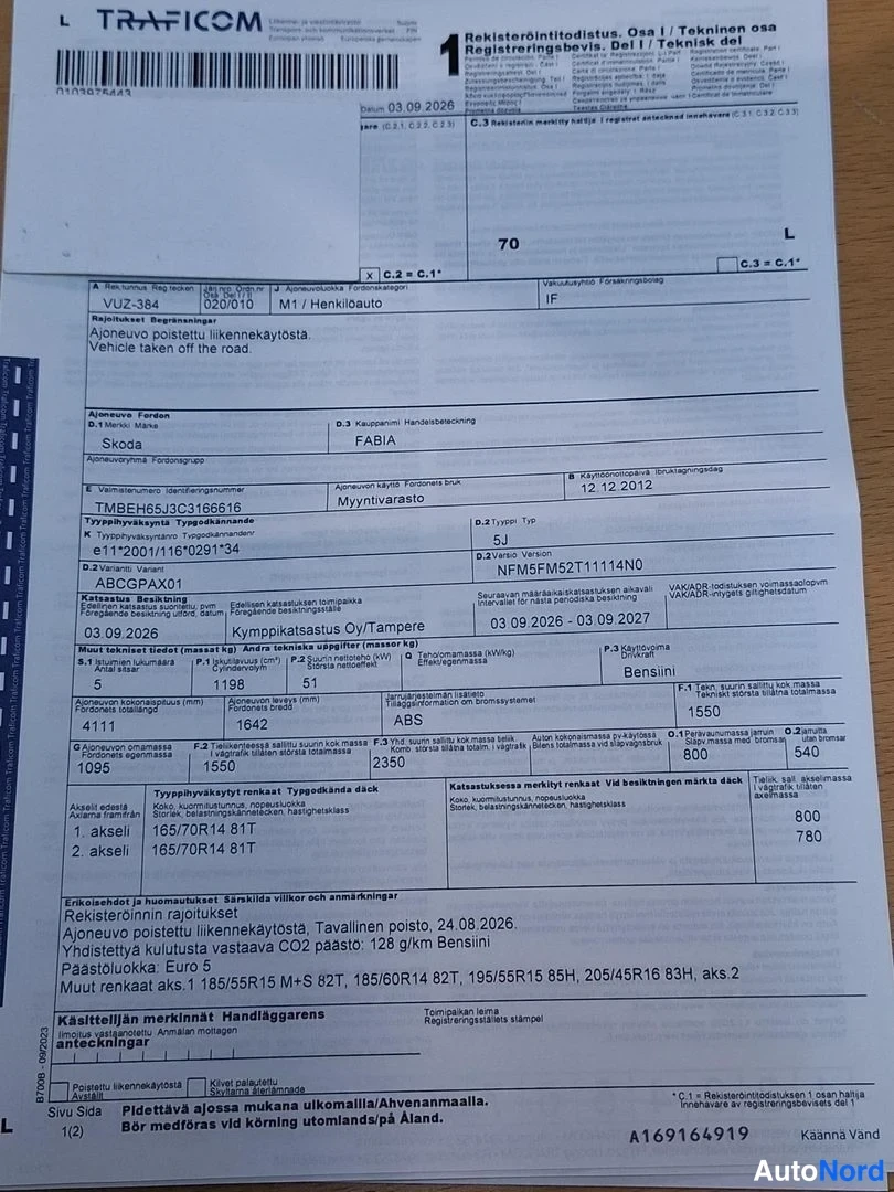 Asiakirja: Finnish vehicle registration document (Rekisteriotodistus) for a Škoda Fabia