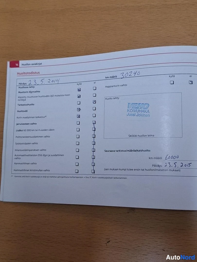 Asiakirja: Lähikuva huoltodokumentaatiosta. Huoltopäivämäärä 23.5.2014.