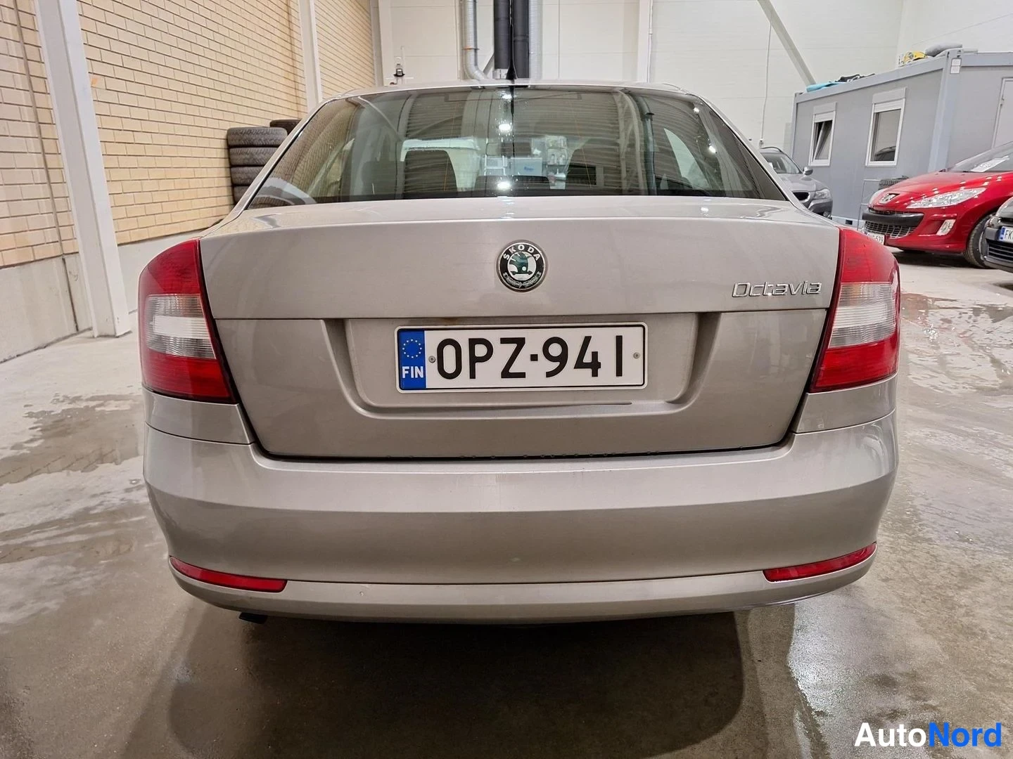 Takaa: Auton takaosa suoraan takaa: Skoda Octavia -merkintä ja -rekisterikilpi, beigenharmaa koripinta.