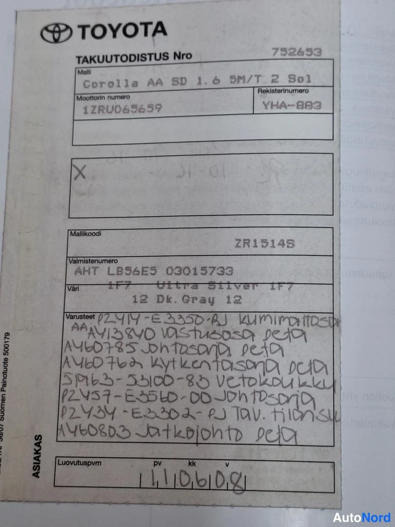 Muu: Toyotan takuutodistus nr 752653, malli Corolla AA SD 1.6 5M/T 2 Sol, rekisterinumero, luovutus 11.06.08.