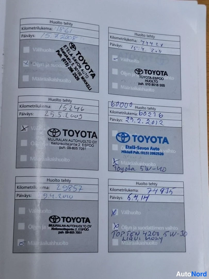 Asiakirja: Huoltokirjan sivu kuudella leimalla Toyota-huoltoasemista, merkittyjä kilometrilukemia ja päivämääräyksiä vuosilta 2008–2014.