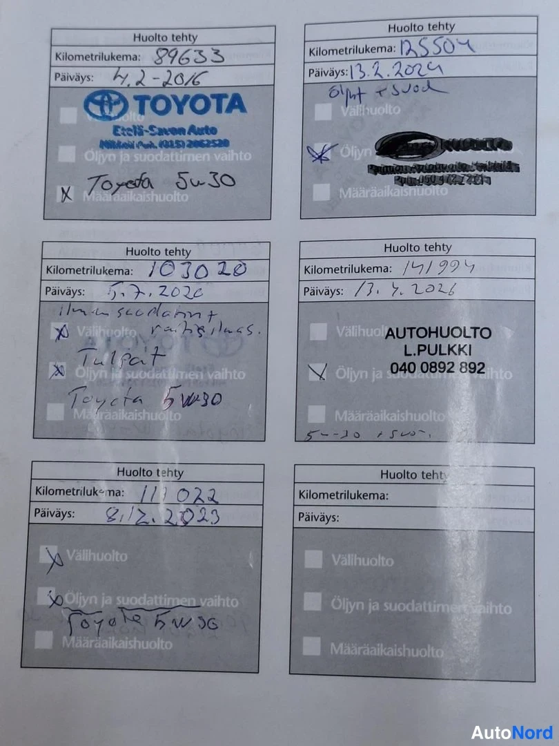 Asiakirja: Huoltokirjan sivu kuudella merkinnällä vuosilta 2016–2023, kilometrilukemat 89633–111022, Toyota- ja Automaatti-autopesu sekä Autohuolto L.Pulkki -leimat.