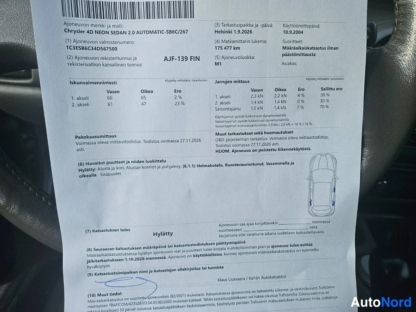 Muu: Ajkoneuvon merkki ja malli: Chrysler 4D NEON SEDAN 2.0 AUTOMATIC-SB6C/267. Ajoneuvon valmistenumero: 1C3ESB6C34D567500. Ajoneuvon rekisteritunnus ja rekisteriva