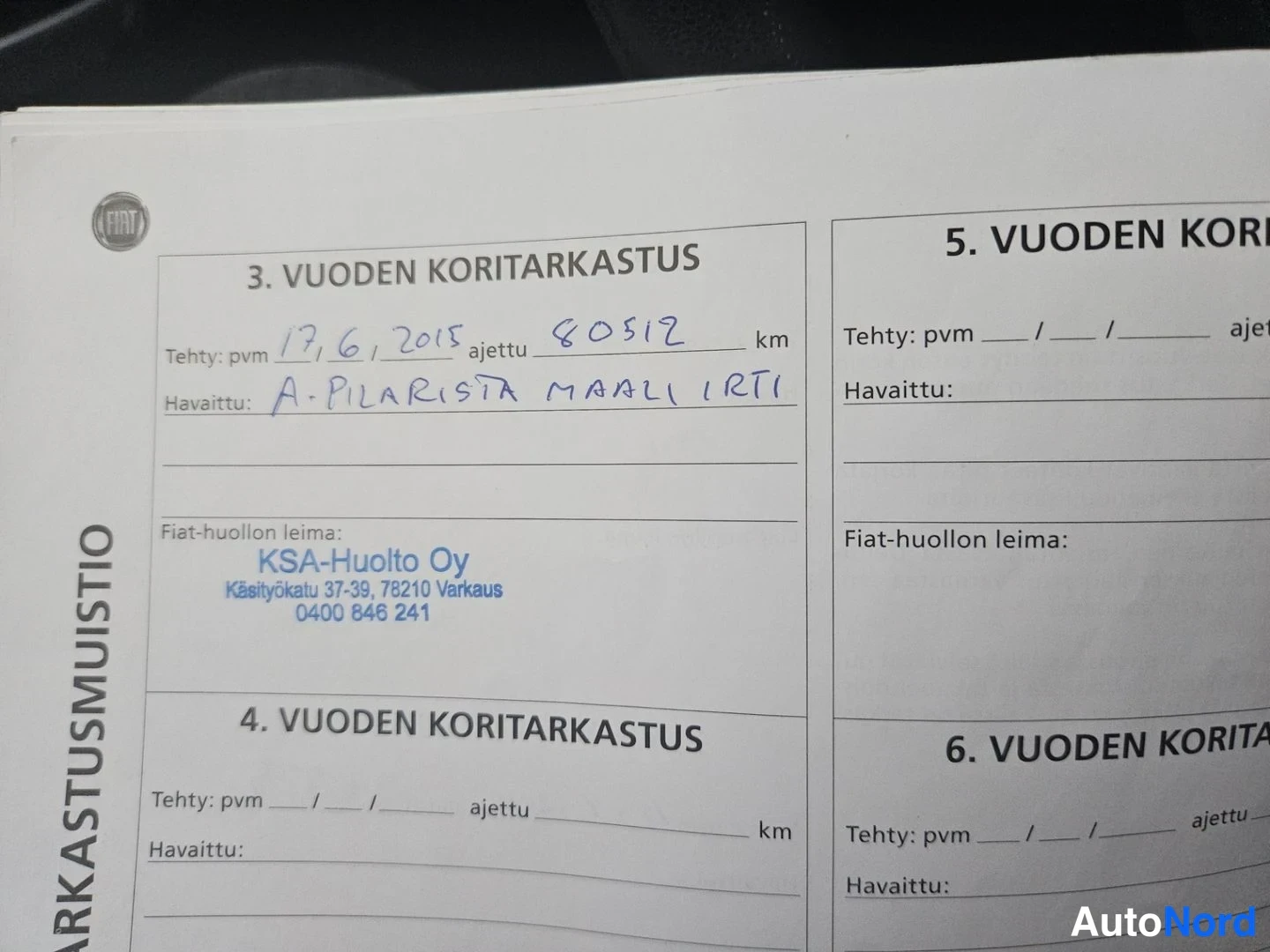 Muu: Huoltokirjan sivu: 3. vuoden koritarkastus täytettynä 17.6.2013, 80312 km.