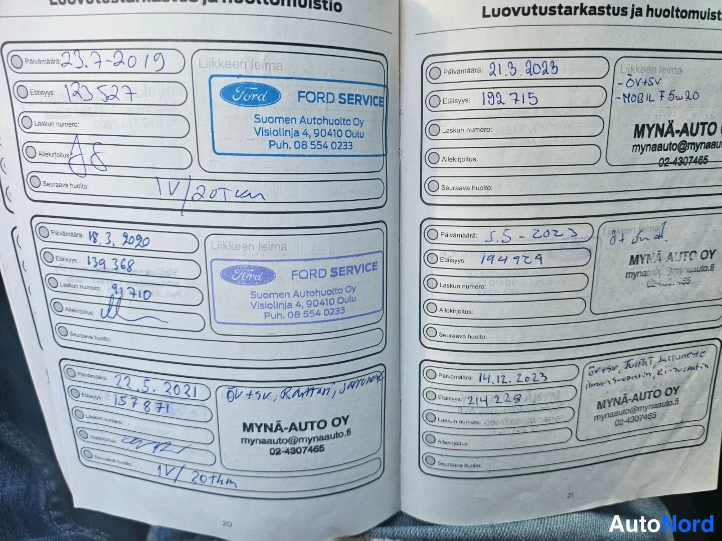 Muu: Huoltokirjan sivut 20–21, käsinkirjoitetut huolto­merkinnät 2019–2023, viimeisin 14.12.2023 ajolla 214229.